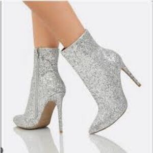 Wild diva silver glitter stiletto ankle boots pointy toe